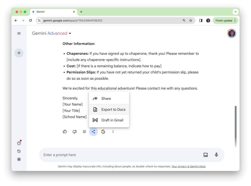 Screenshot of the Gemini AI tool interface on a computer screen, featuring a document titled "Gemini Advanced" with a list of 'Other Information' for a school event. The list includes sections for Chaperones, Cost, and Permission Slips with placeholders for specific details. There are interface icons for sharing, exporting to Google Docs, and drafting in Gmail. A footer note cautions that Gemini may display inaccurate information and advises double-checking its responses.