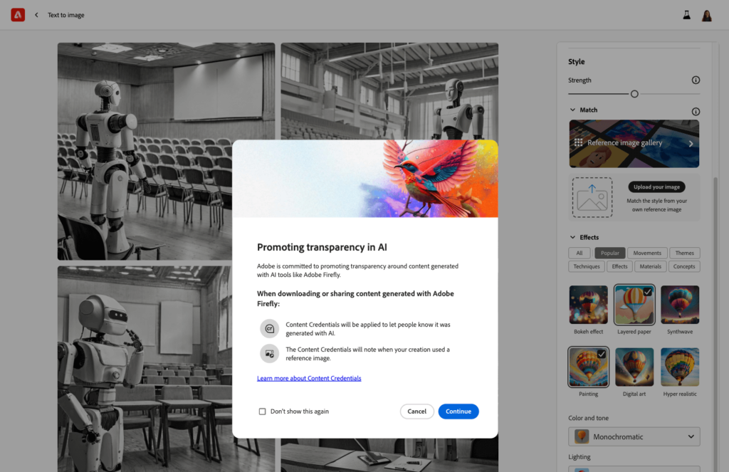 Image of Adobe Firefly's interface with an AI-created image of a robot, demonstrating the software's versatility in generating diverse illustrations.