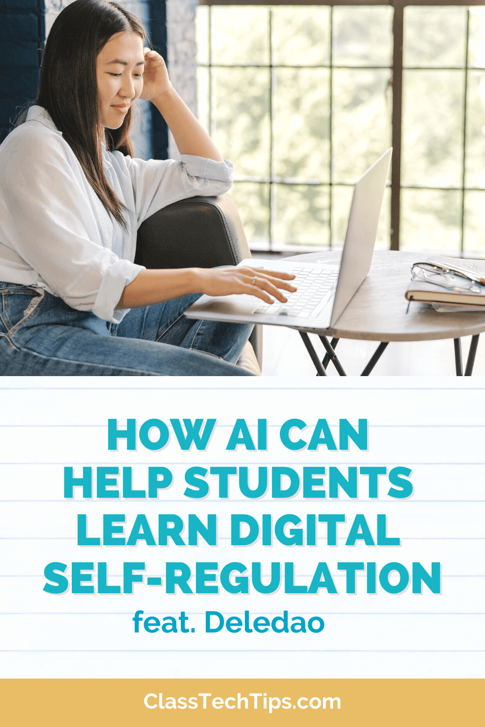 Teacher at a desk in a sunlit classroom, using a laptop to explore AI's role in enhancing digital self-regulation for students.