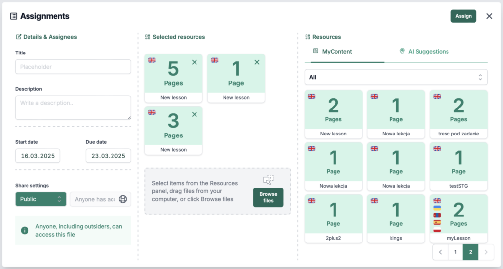 EdTool interactive lesson creator assignments dashboard showing resource selection and due date settings.