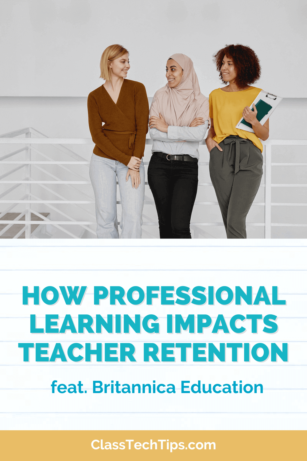 Three female teachers engaged in a lively discussion, symbolizing the positive impact of professional learning on teacher retention.