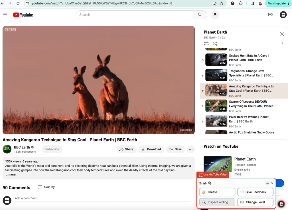 YouTube video interface with Brisk Teaching tools, illustrating the AI's capability to assist teachers in creating educational content and evaluating student submissions more efficiently.