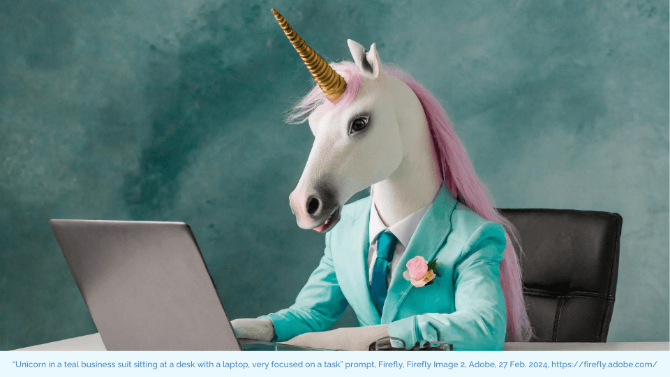 Unicorn in a business suit generated by AI tool Firefly – an example used in ClassTechTips.com’s guide on how to cite AI images in educational materials.