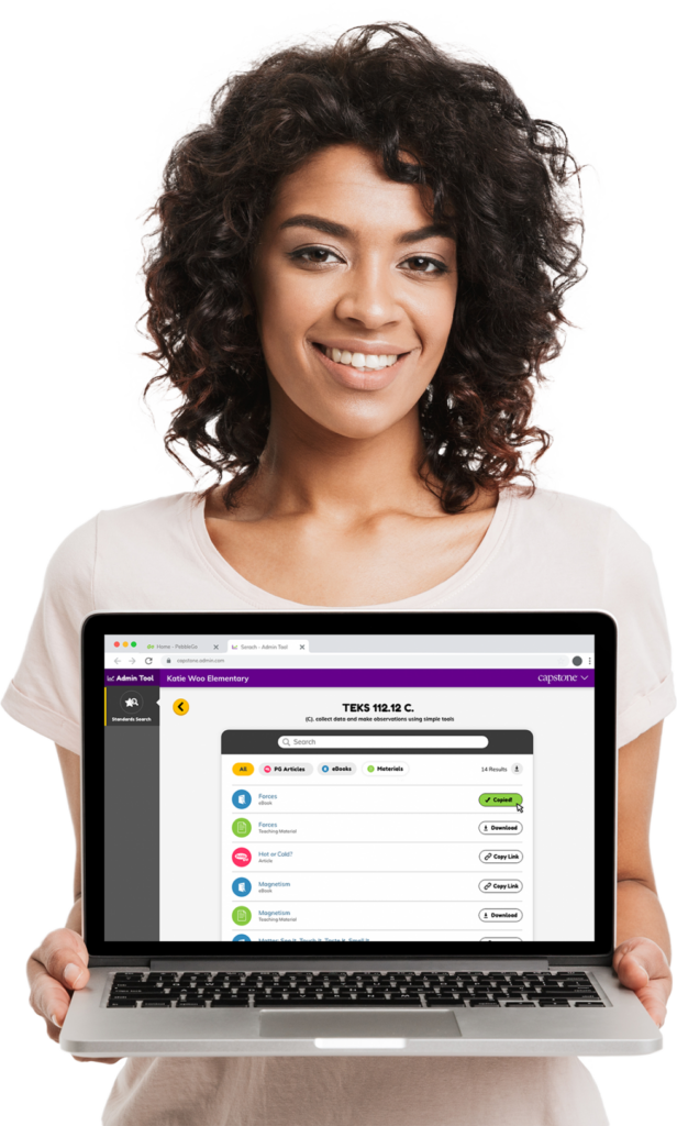 Woman holding laptop with educational resources for students.