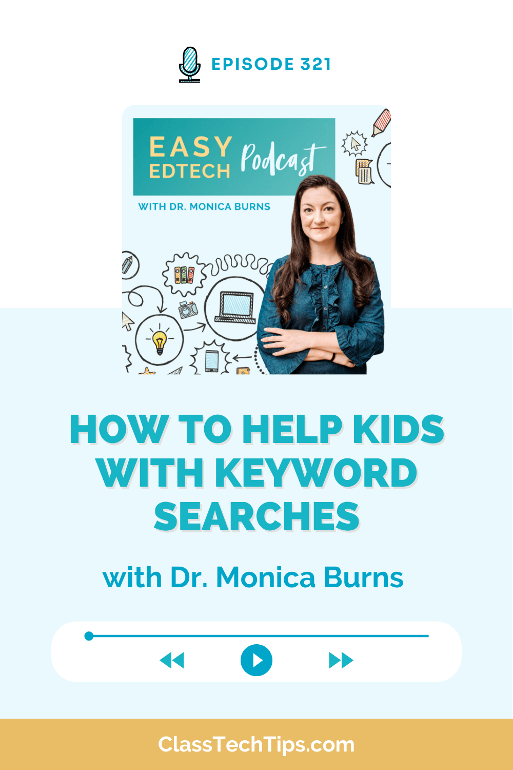 Podcast episode cover for “How to Help Kids with Keyword Searches” featuring Dr. Monica Burns from the Easy EdTech Podcast, Episode 321.