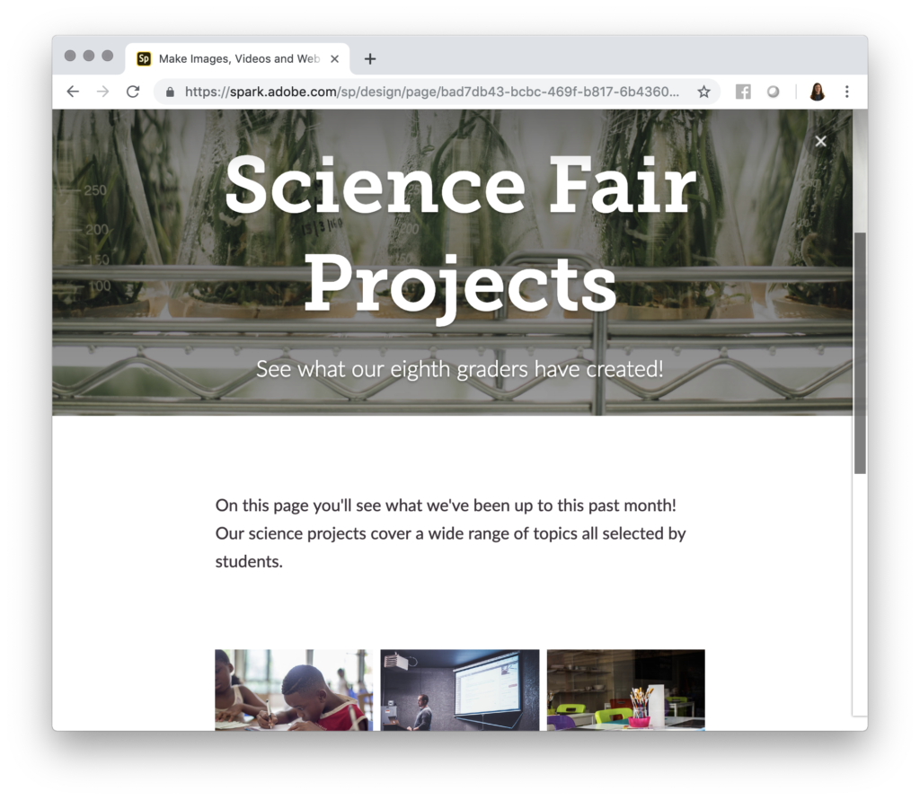 Learn how to share pictures of student work with Adobe Spark Page. You can snap pictures, share text, and so much more with this website creator.