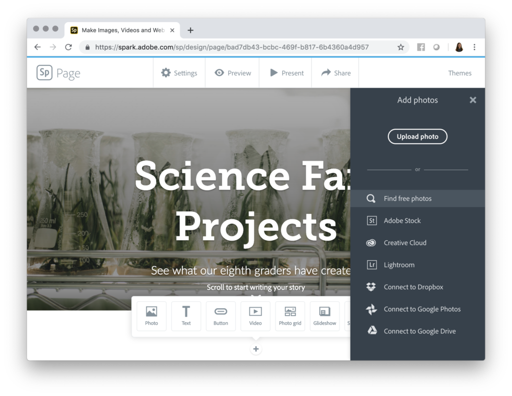 Learn how to share pictures of student work with Adobe Spark Page. You can snap pictures, share text, and so much more with this website creator.