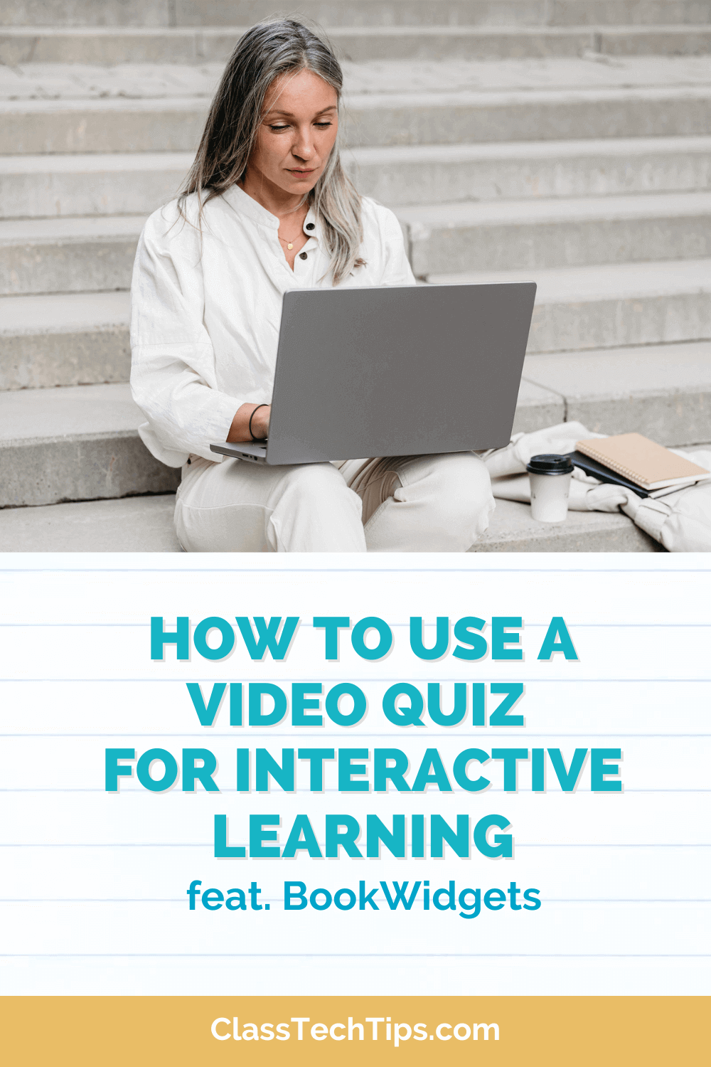 A woman sitting on stairs, engaged in learning via a video quiz on her laptop, illustrating the concept of interactive learning.