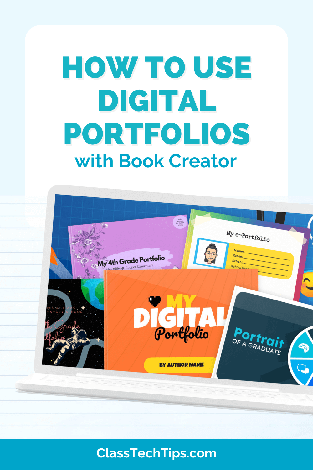 How to Use Digital Portfolios with Book Creator - A laptop screen displaying various colorful digital portfolio templates created with Book Creator. This image highlights the flexibility and adaptability of Book Creator for capturing student learning journeys.