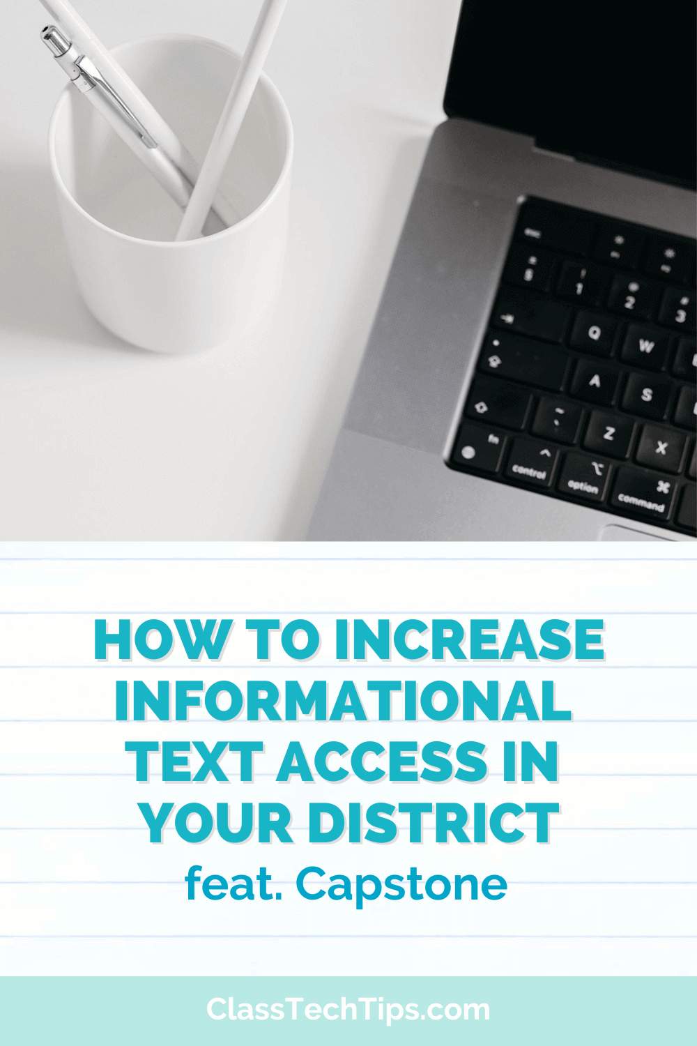 A laptop computer placed on a desk, symbolizing the accessibility of digital informational texts to improve district-wide learning resources.