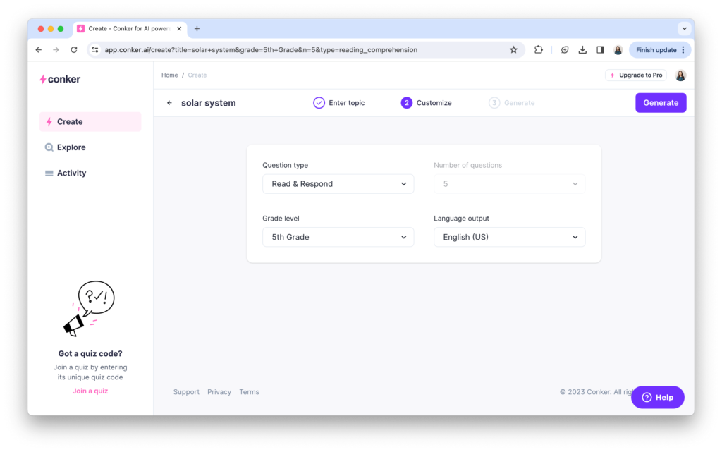 Screenshot displaying Conker's quiz creator tool, highlighting its intuitive design for educators to craft interactive quizzes for classroom use. It's an example of a latest EdTech tool for teachers.