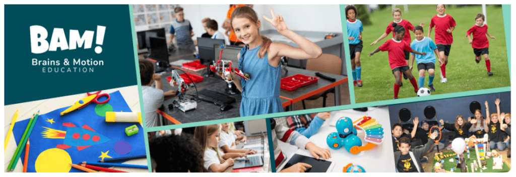A collage of images showing the activities for kids offered by BAM! Brains & Motion Education in their K-12 enrichment programs for students.