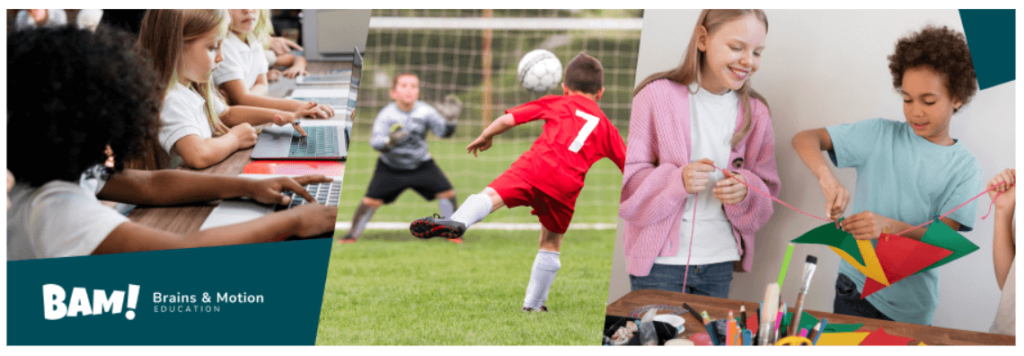 A collage of three images illustrating the diverse activities offered by BAM! Brains & Motion Education in their K-12 enrichment programs for students.