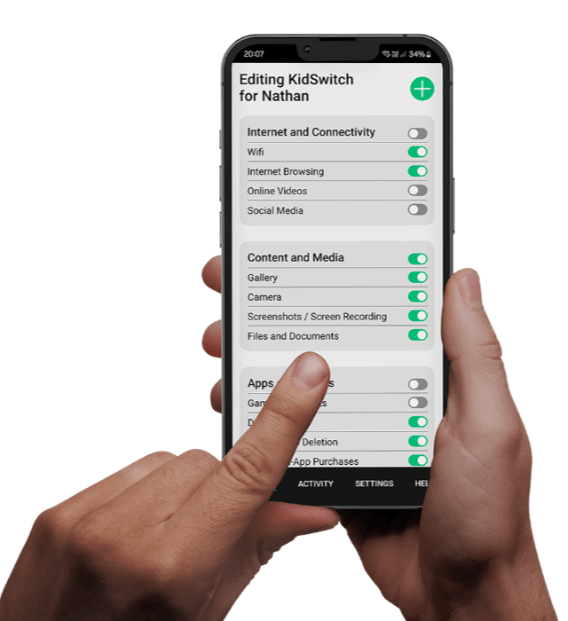 KidSwitch app interface showing child profiles and toggles, helping families Keep Kids Safe Online with easy, customizable settings.