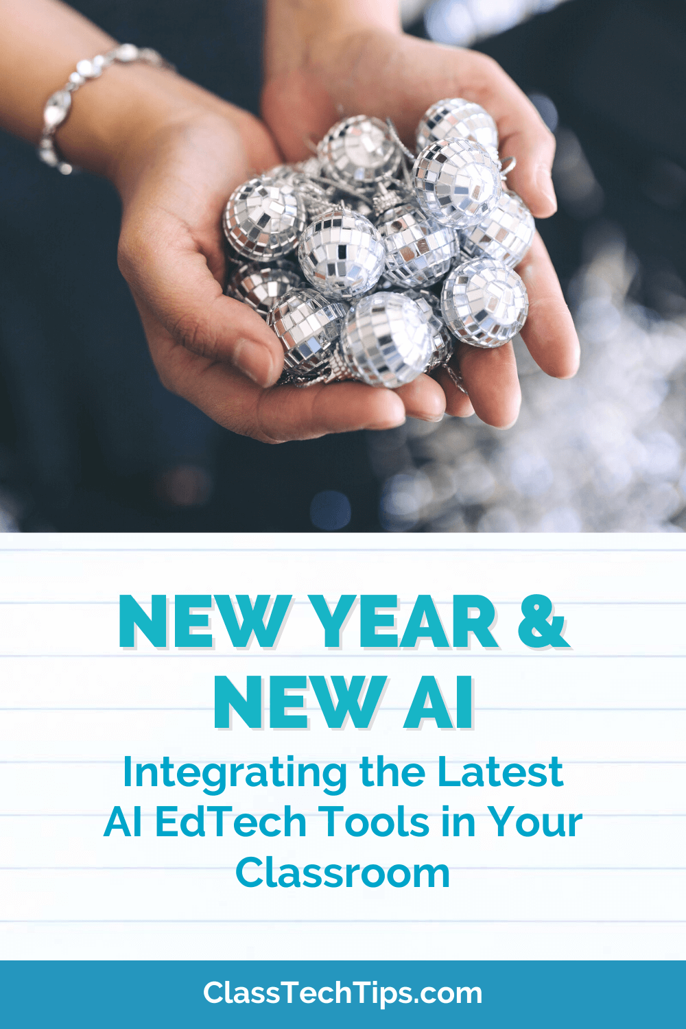 Educator with sparkling disco balls in hand, representing the excitement and innovation in new educational technology.