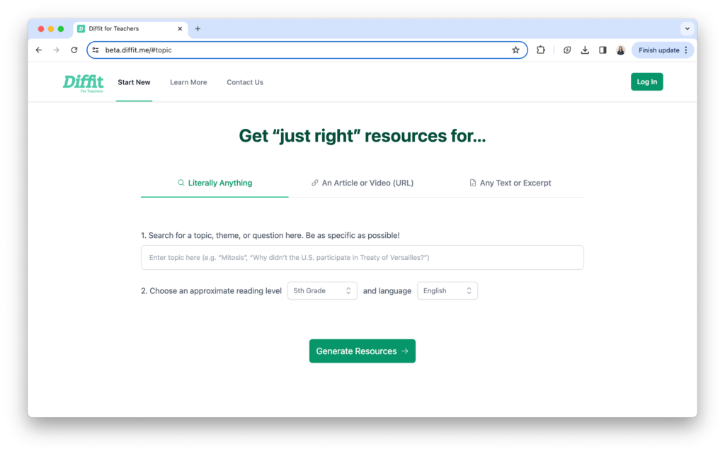 Screenshot of Diffit's AI-powered platform, showcasing its user-friendly interface for educators to create and share digital resources with students.