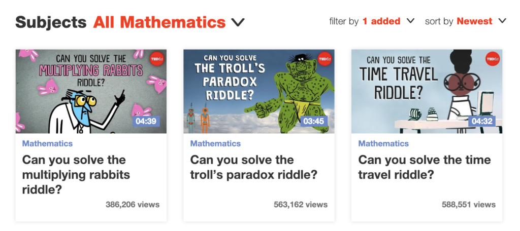 TED-Ed has an entire section dedicated to videos that connect to the math classroom. These explainer videos present topics to students with engaging animation and narration. 