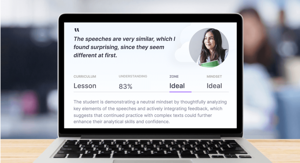 The MirrorTalk dashboard showcases how SEL and assessment align, offering teachers detailed insights into student comprehension and social-emotional growth.