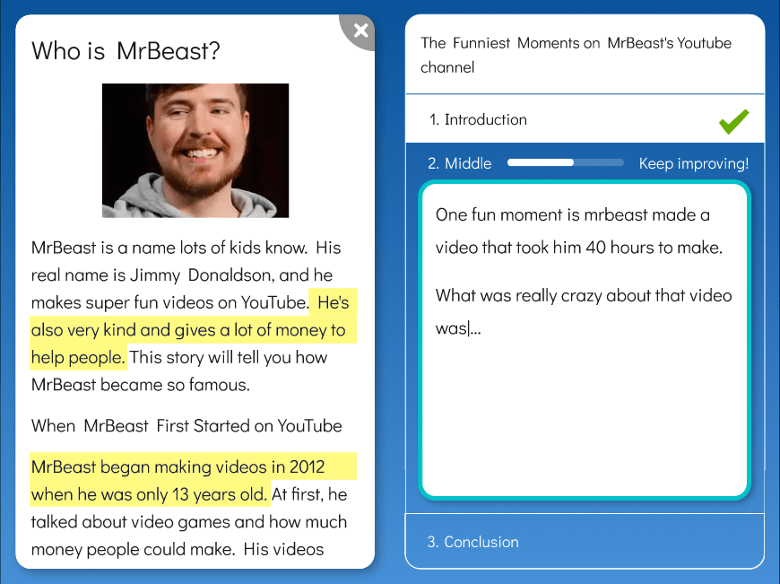 Screenshot of eSpark Writing's user interface, showing a text editor with AI-driven feedback and suggestions on a student's work.