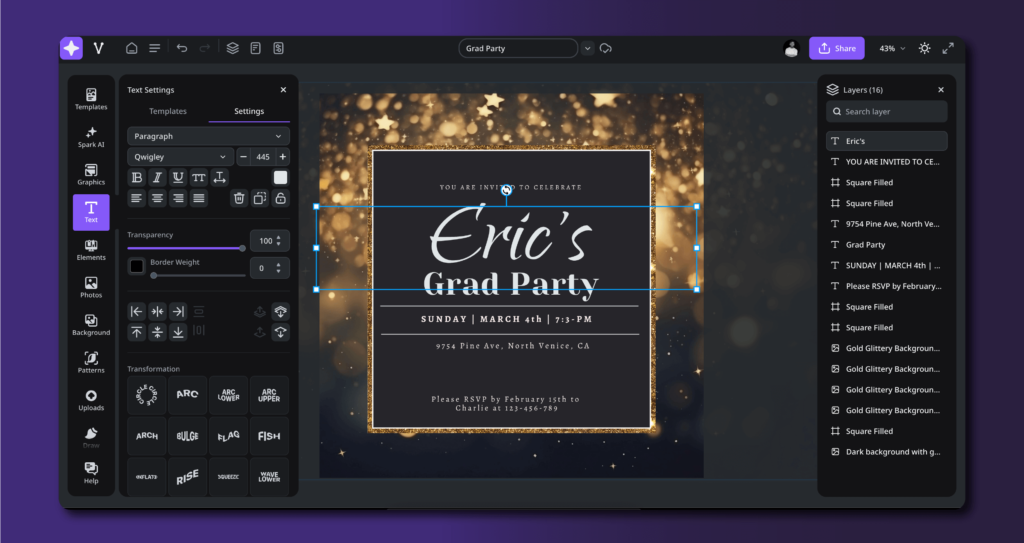 A computer screen showing an invitation template being edited in Creative Fabrica's online design tool, featuring golden sparkles and event details for an educators' event.