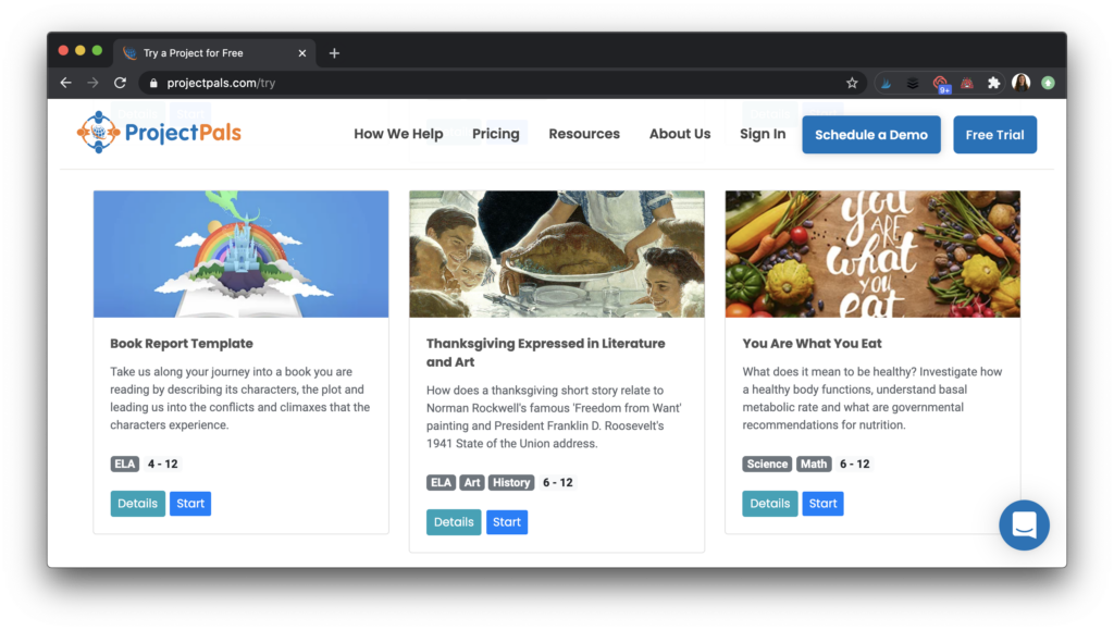 Choices for project-based learning activities.