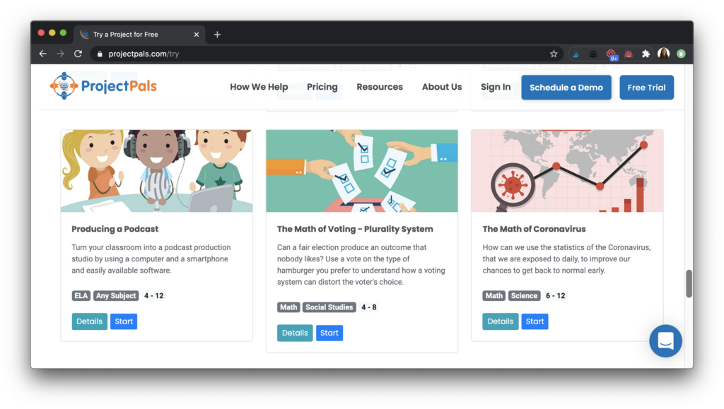 Choices for project-based learning activities.