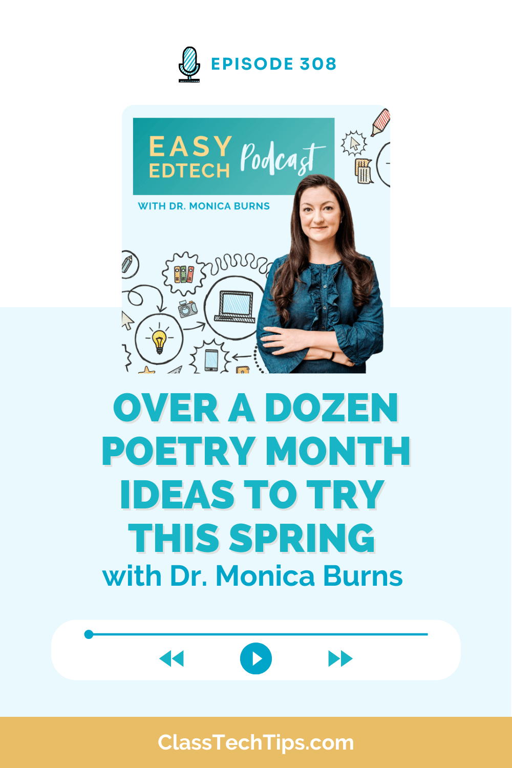 Podcast episode cover for "Over a Dozen Poetry Month Ideas to Try This Spring" from the Easy EdTech Podcast with Dr. Monica Burns. Features creative poetry month activities for educators.