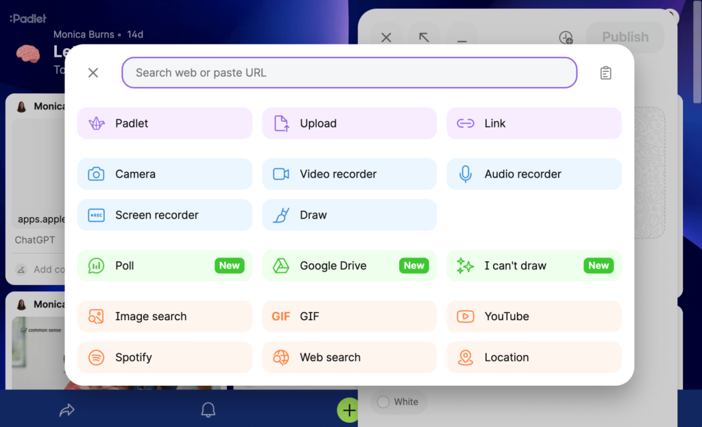 Padlet interface showcasing various options like camera, video recorder, audio recorder, screen recorder, draw, upload, and more. This demonstrates the versatile features of Padlet that can be used as an alternative to Flip for student projects and collaboration.
