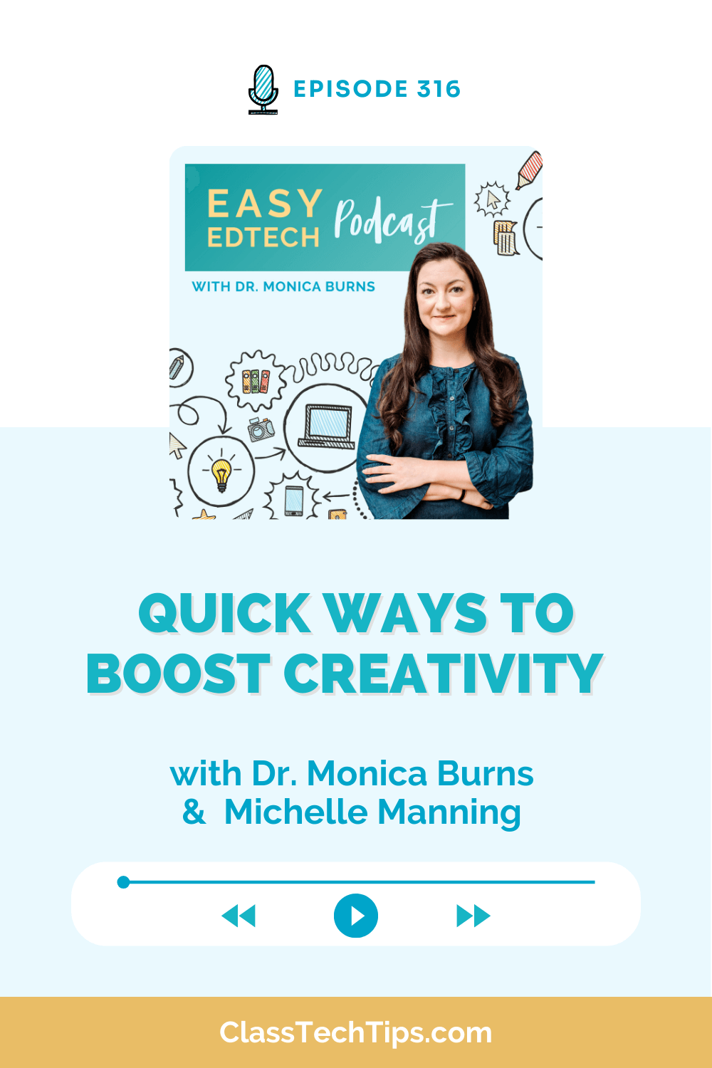 Podcast episode cover for "Quick Ways to Boost Creativity" featuring Dr. Monica Burns and Michelle Manning, promoting strategies to boost creativity in the classroom.