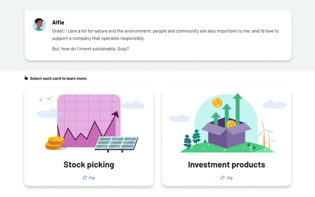 Screenshot of a financial literacy platform showing a colorful game-like interface. The platform teaches sustainable investing through fun and interactive games, helping students learn important financial concepts in an engaging way.