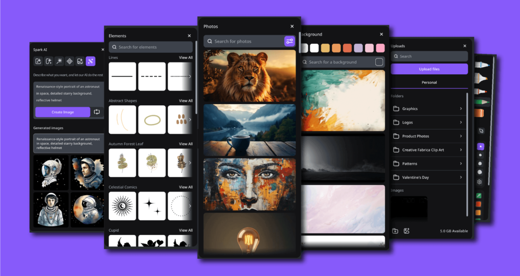 An online design tool's interface, showcasing AI-generated astronaut artwork, photos, and graphic elements, ideal for educators creating space-themed educational content.