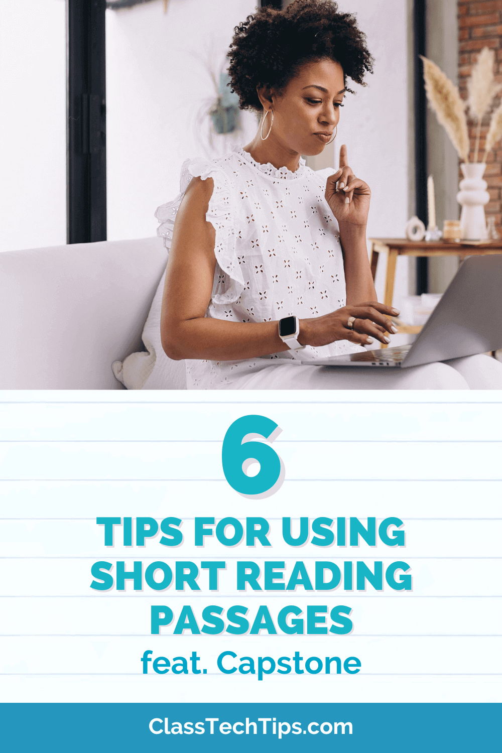 A teacher sits in front of a laptop, browsing through various short reading passages designed for kids, ready to select and share engaging content with students to improve literacy skills.