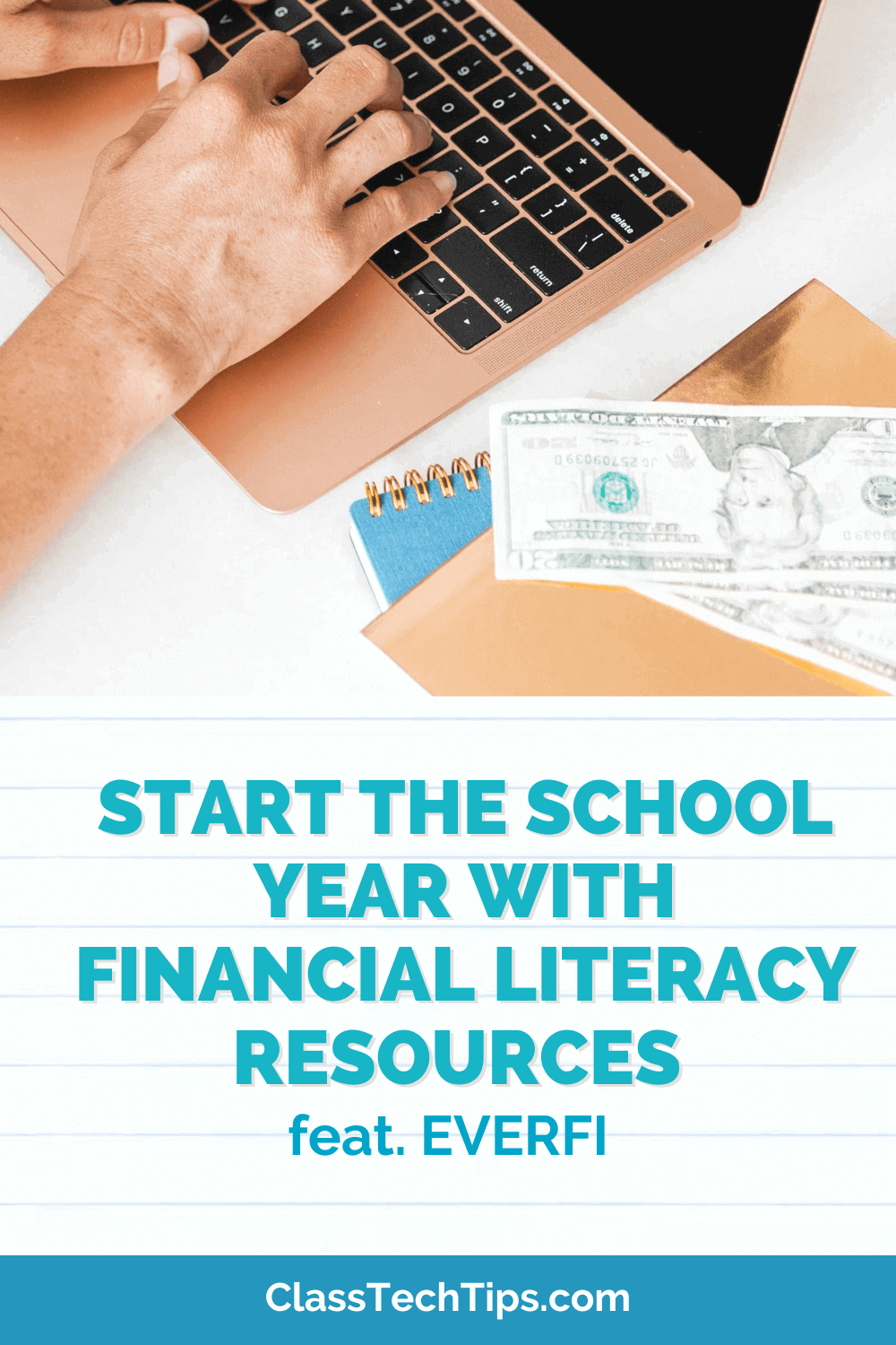 Financial literacy concept image featuring a teacher at a desk with a laptop, money, and notebooks, preparing for a lesson on economy and finance.
