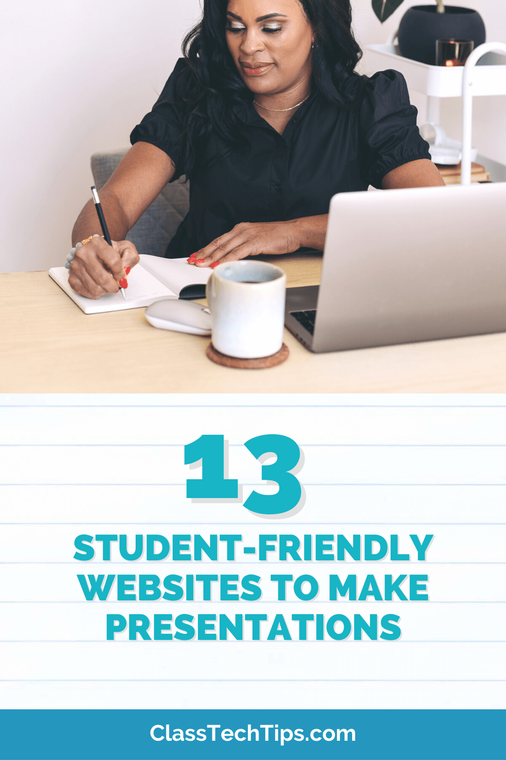 Educator studying various presentation-making platforms on her laptop, part of a blog post about 13 student-friendly websites.