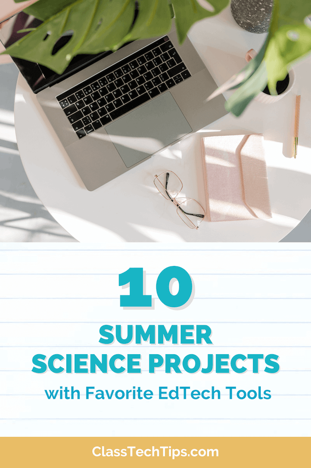 A laptop on a sunlit desk, ready for exciting Summer Science Projects for kids, with a tropical palm leaf adding a summery vibe.