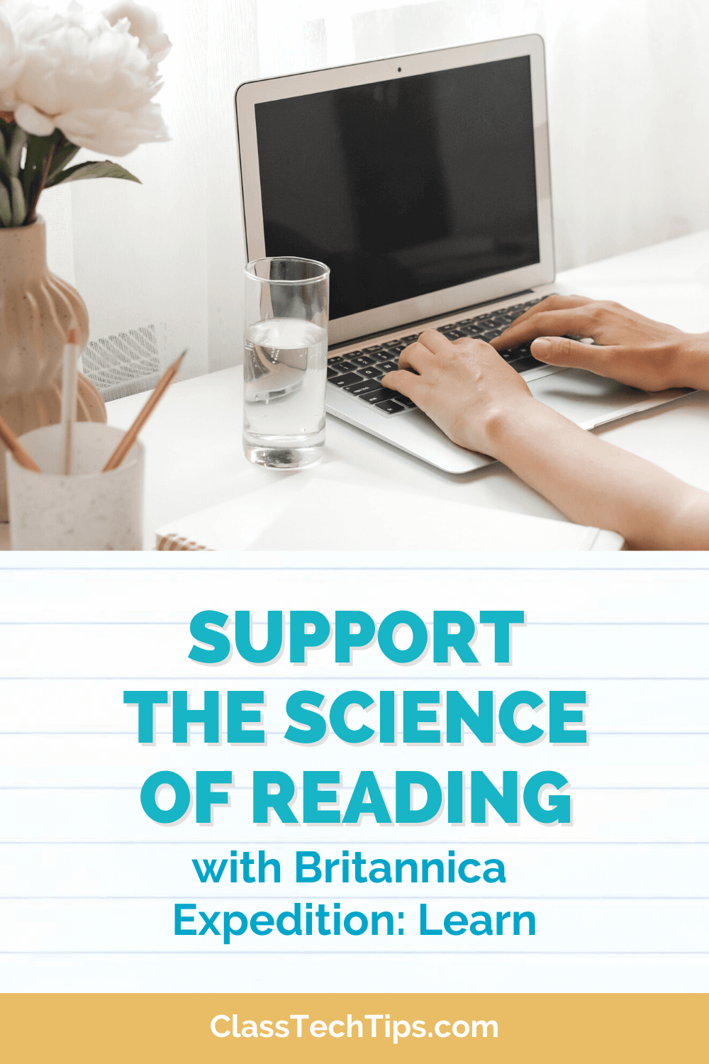 Teacher at a desk equipped with a laptop, pencil, flowers, water, and notebook, ready to implement the Science of Reading into various subjects.