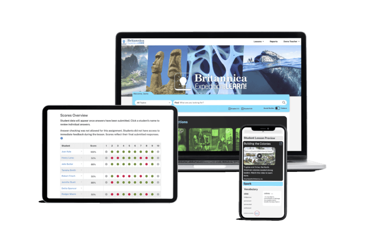 Screenshot of Britannica Expedition: Learn platform, highlighting its features for supporting students with reading passages and assessments.