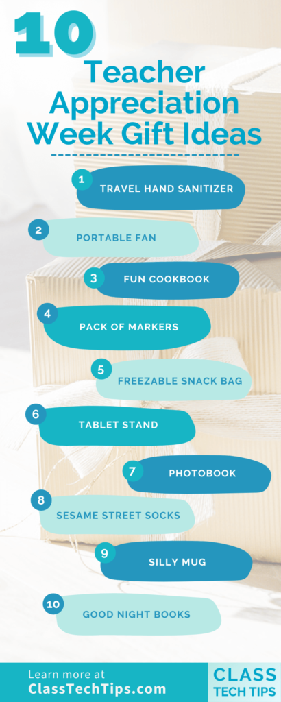 A colorful infographic listing 10 thoughtful Teacher Appreciation Week gift ideas, including travel hand sanitizer, a portable fan, a fun cookbook, and more. Presented by ClassTechTips.com, this guide helps parents and students find the perfect way to celebrate and thank teachers.
