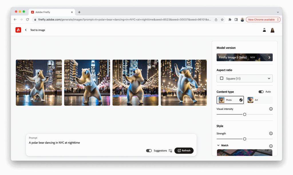 Screenshot of Adobe Firefly displaying an AI-generated image of a polar bear, showcasing the tool's capability in creating realistic animal visuals.