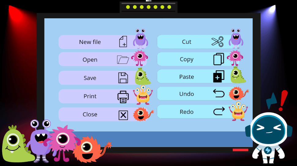 Fun digital citizenship curriculum image showing file management skills with cute monsters and a robot explaining digital actions such as undo and redo.