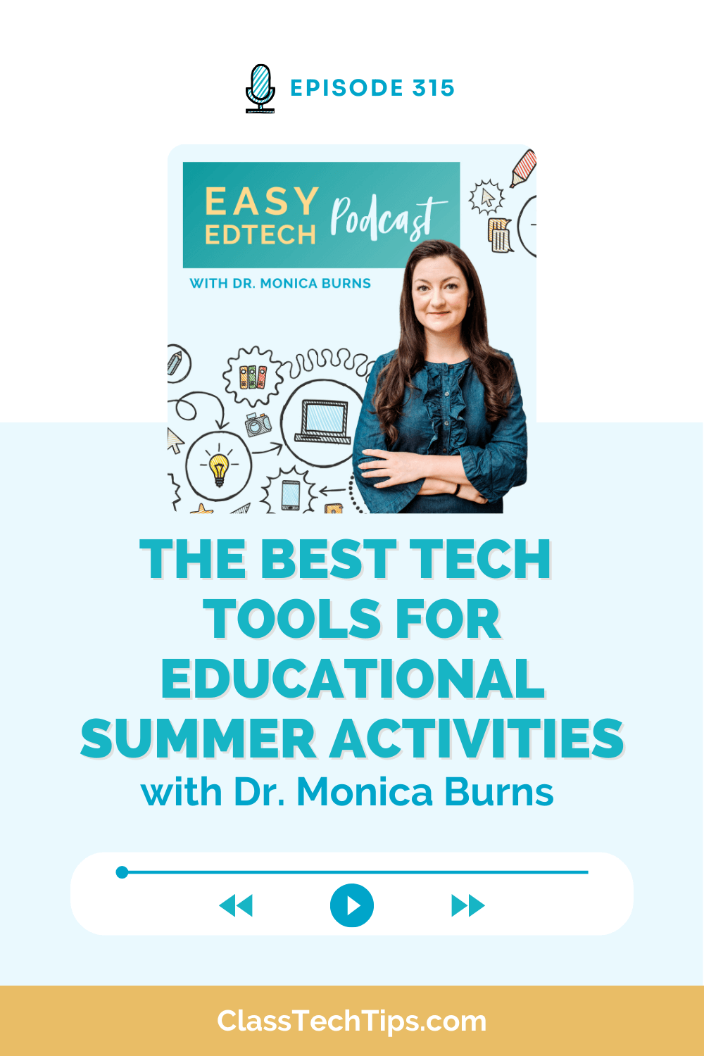 Podcast cover for "Easy EdTech Podcast" Episode 315 featuring Dr. Monica Burns, titled "The Best Tech Tools for Educational Summer Activities.