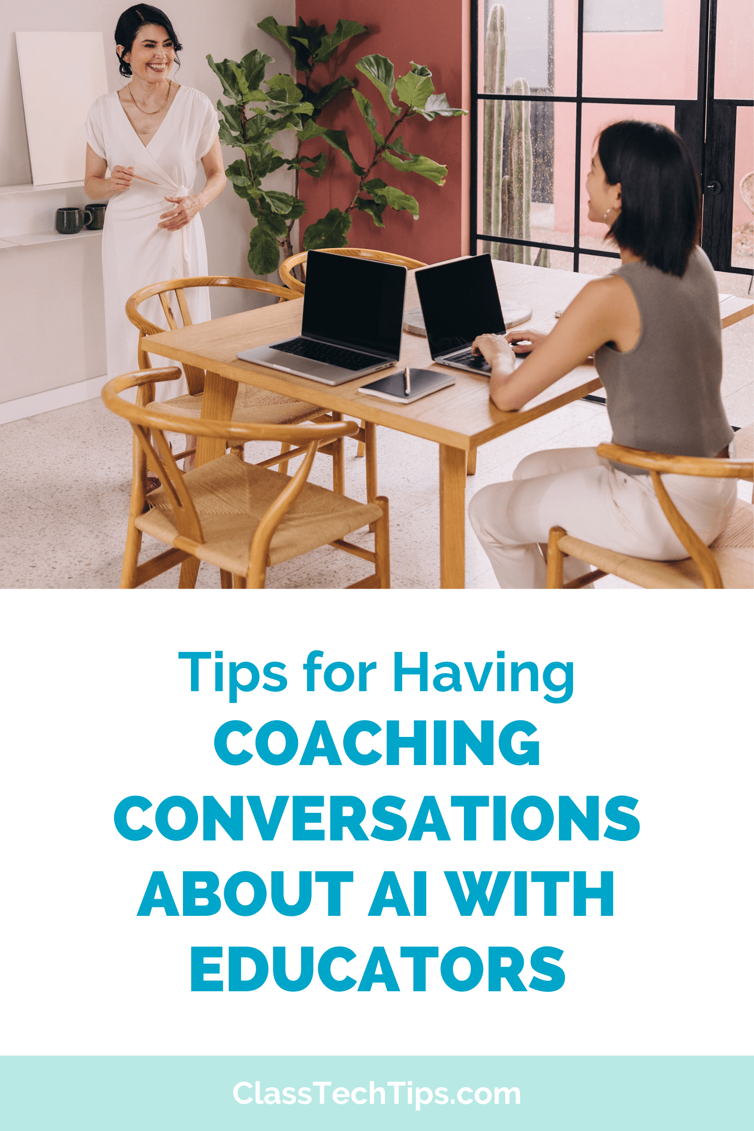 Two educators at a table with laptops having a coaching conversation about AI with educators, exploring strategies for effective technology integration.