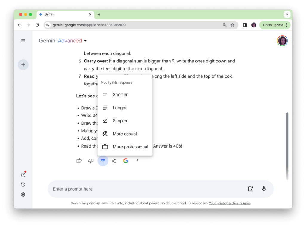A screenshot of the Gemini AI web application with a document titled "Gemini Advanced". The document provides a step-by-step solution to a mathematical problem, ending with "Answer is 408!". On the right side of the screen, there are options to modify this response, making it shorter, longer, simpler, more casual, or more professional. The bottom of the interface includes a disclaimer that Gemini may display inaccurate information and to double-check its responses. There are also icons for sharing, exporting, and connecting with other apps.