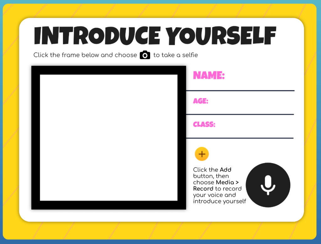 Book Creator's Introduce Yourself template with a space for a photo and fields for personal details, enabling students to start their digital portfolios with a personalized touch. The template also includes instructions for recording an introduction.