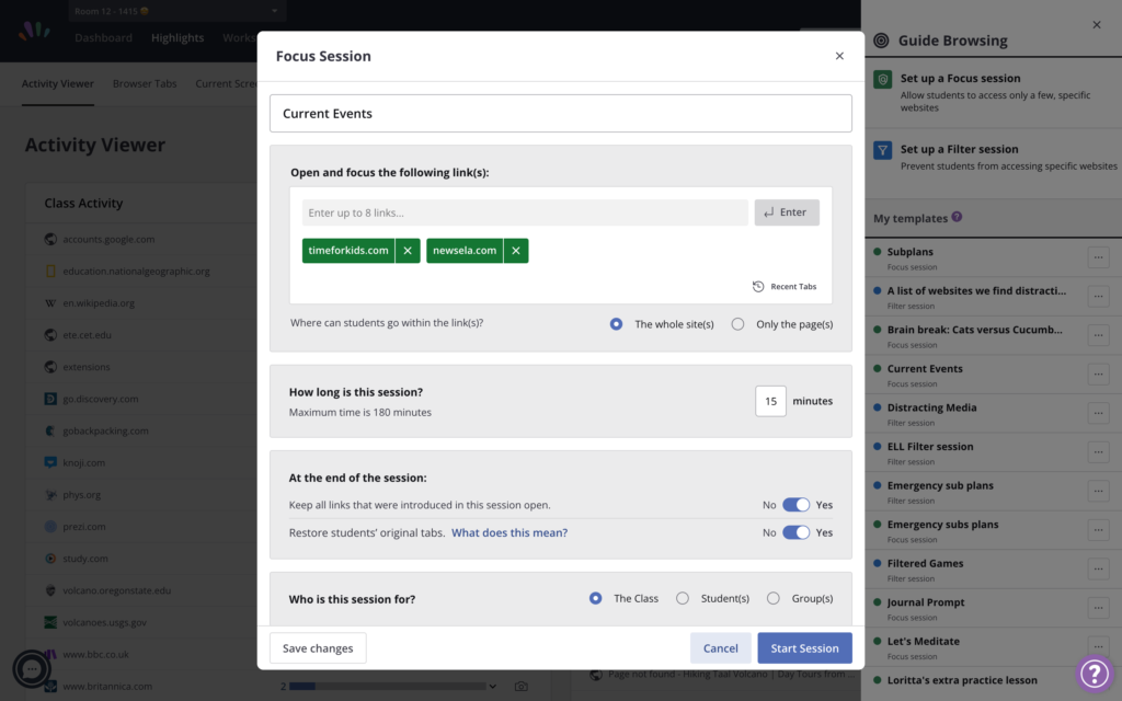 Screenshot of Hāpara’s Focus Session feature for keeping learners safe online, allowing educators to control students' browsing access.