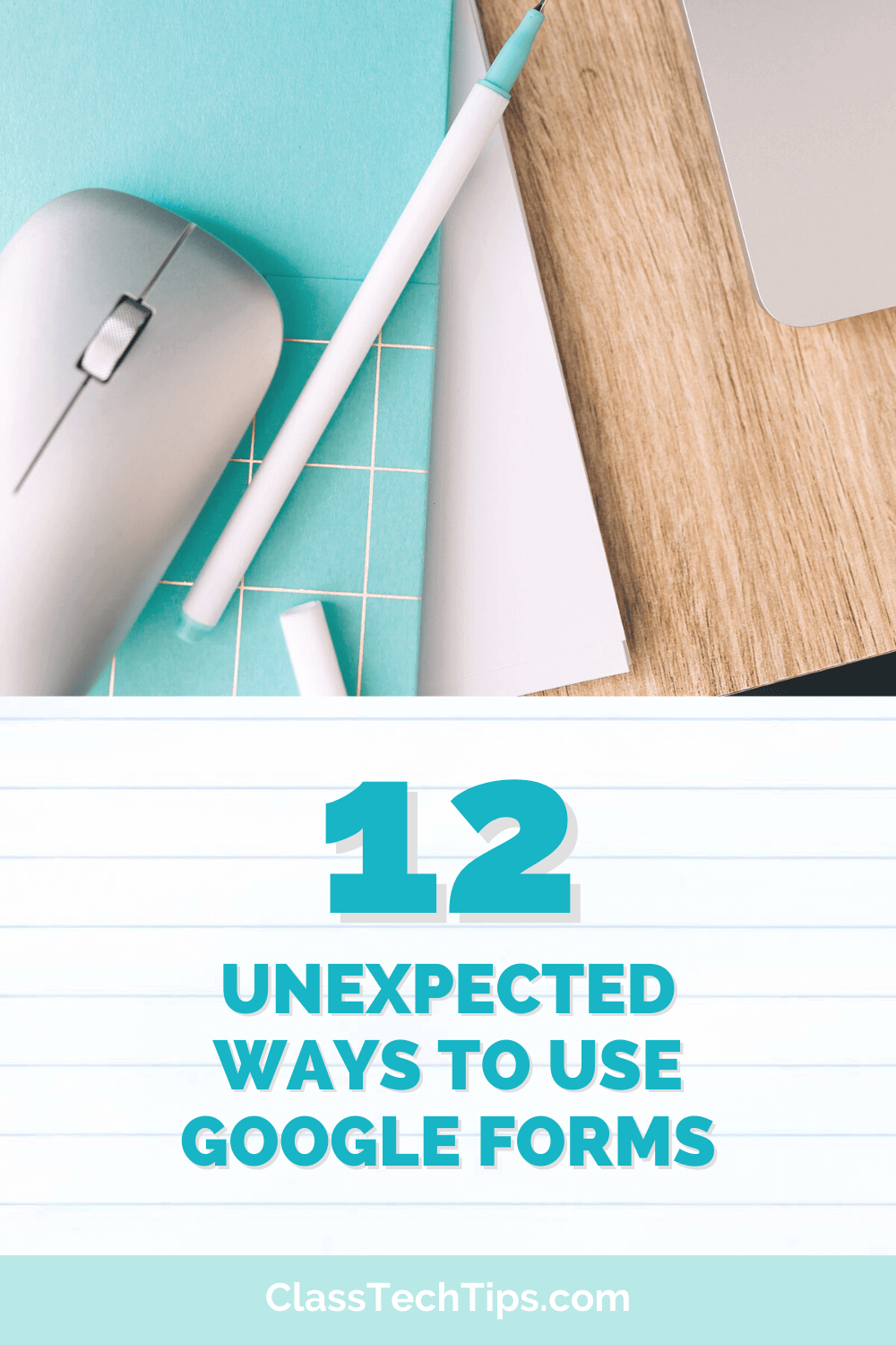 Organized teacher's desk with a planner, pencil, mouse, and laptop, signifying strategic planning with different ways to use Google Forms.