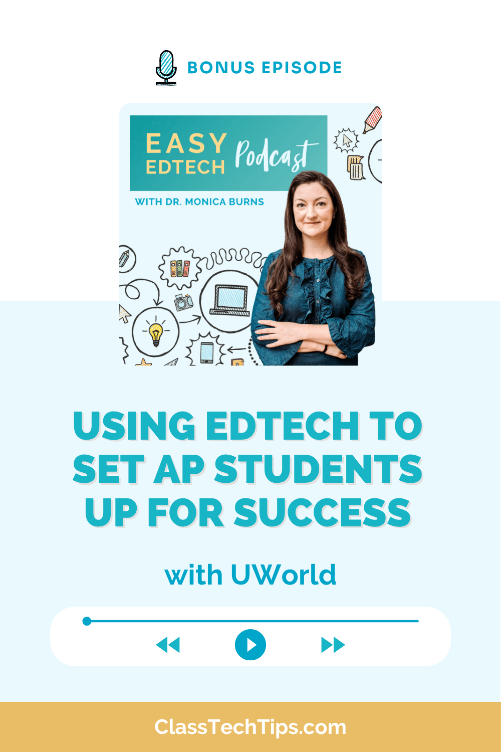 Podcast cover for "Using EdTech to Set AP Students Up for Success" featuring Dr. Monica Burns and UWorld, promoting strategies for AP student achievement.