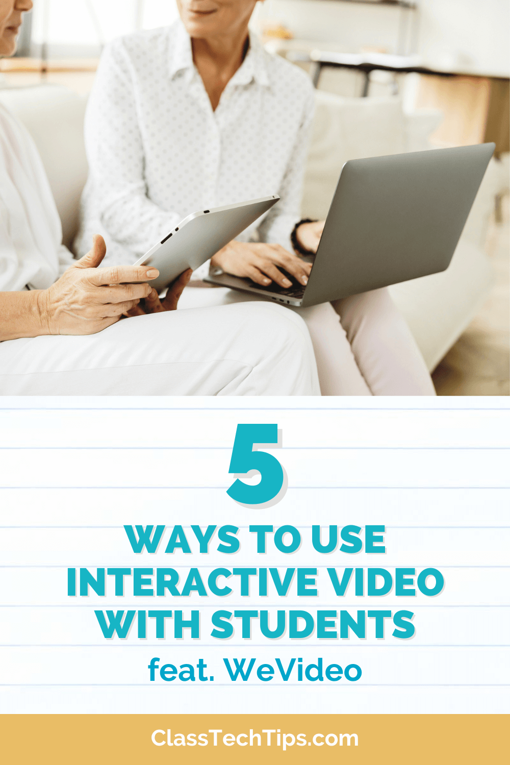 Two teachers discussing interactive video, with one holding a tablet and the other using a laptop.