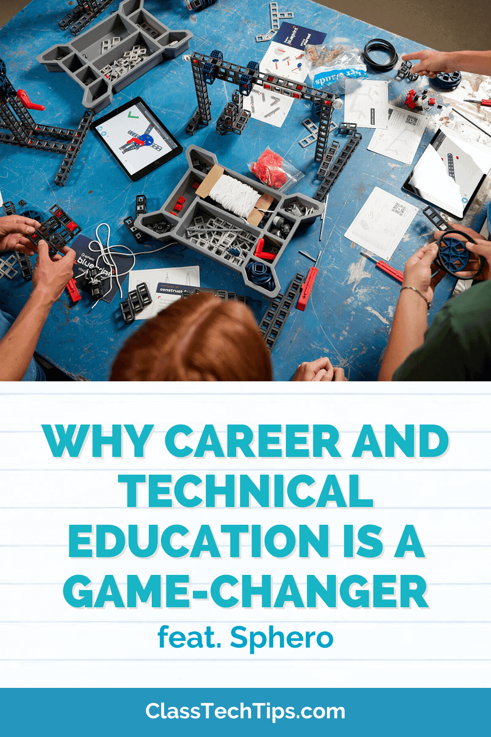 Blueprint Build kit displayed on a classroom table to promote Career and Technical Education.