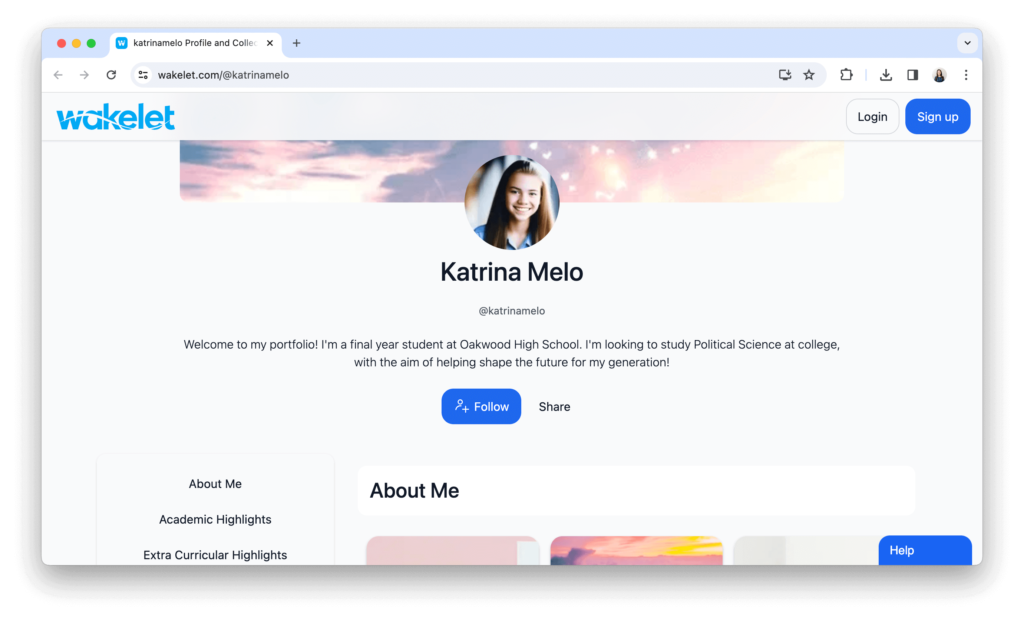 Screenshot of a student portfolio landing page, featuring a welcoming introduction and neatly categorized sections for projects and achievements.